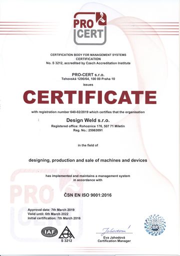 Certificate of quality management system ČSN EN ISO 9001:2016