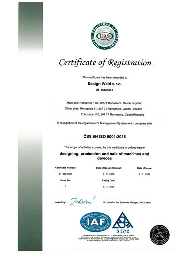 Certificate of quality management system ČSN EN ISO 9001:2016