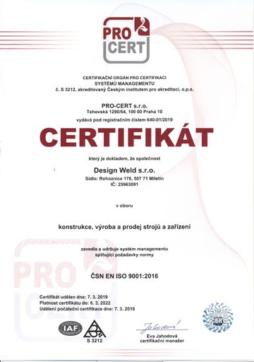 Certifikát systému řízení jakosti podle ČSN EN ISO 9001:2009