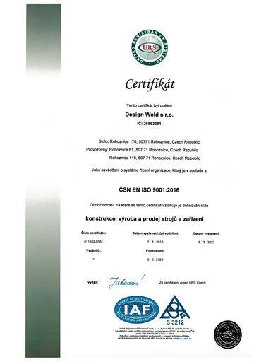 Certifikát systému řízení jakosti podle ČSN EN ISO 9001:2009